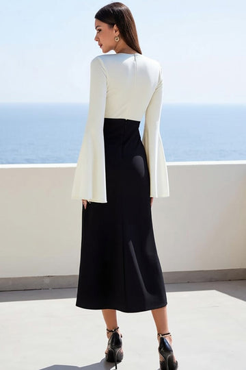 Ivory and Black Satin V-Neck Flare Sleeve Long Work Dress